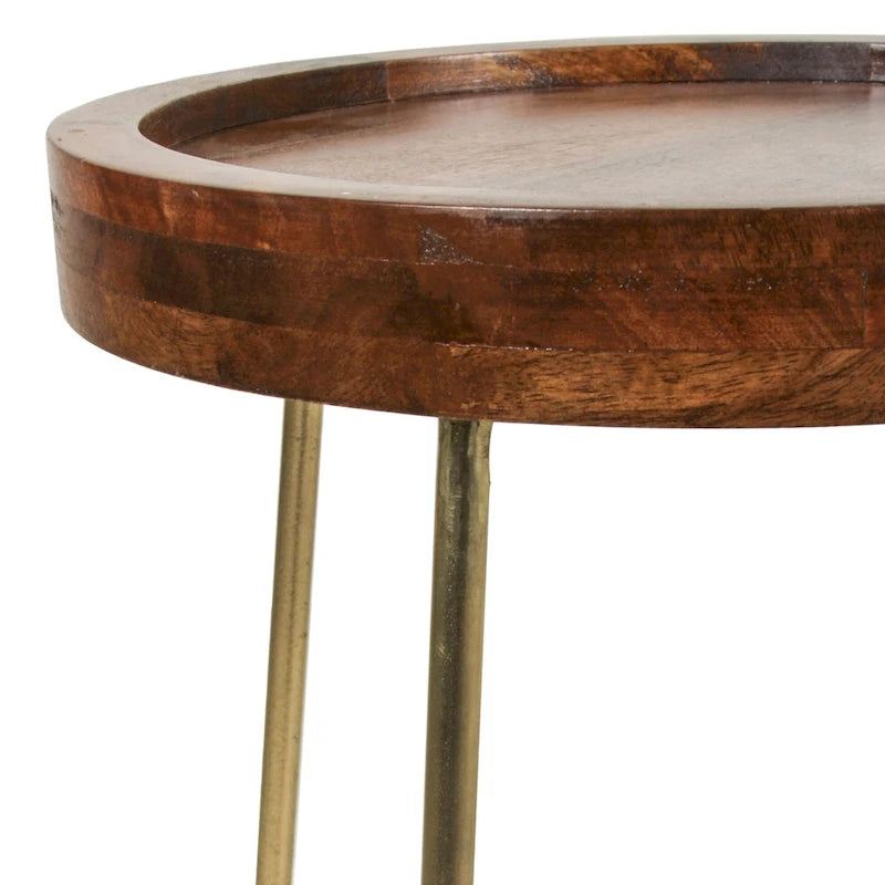 Gold & Natural Wood Round Tray-Top Accent Table, 1-Piece, Small/Large