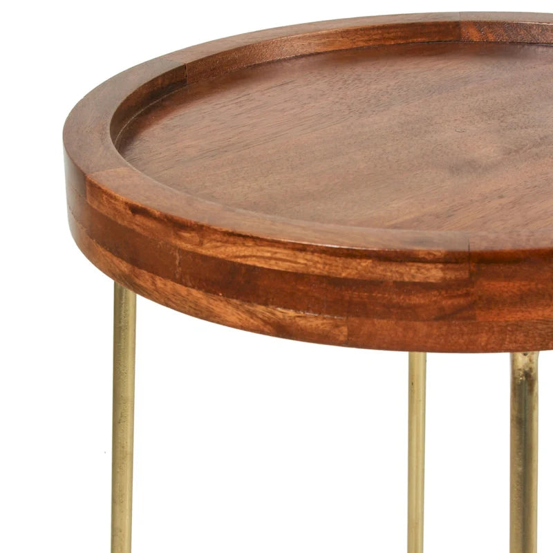 Gold & Natural Wood Round Tray-Top Accent Table, 1-Piece, Small/Large