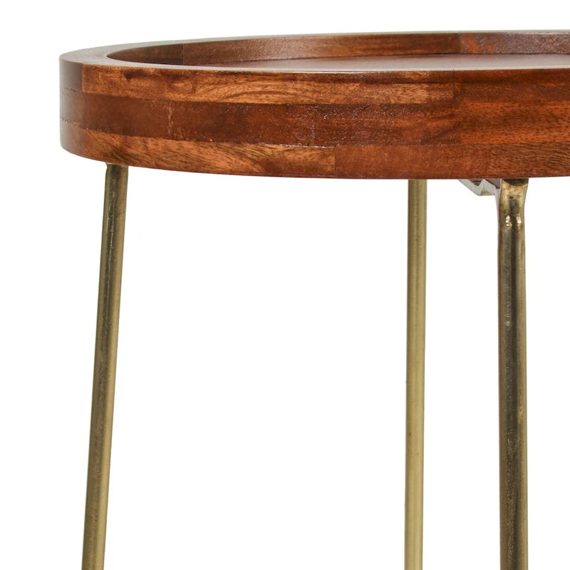 Gold & Natural Wood Round Tray-Top Accent Table, 1-Piece, Small/Large