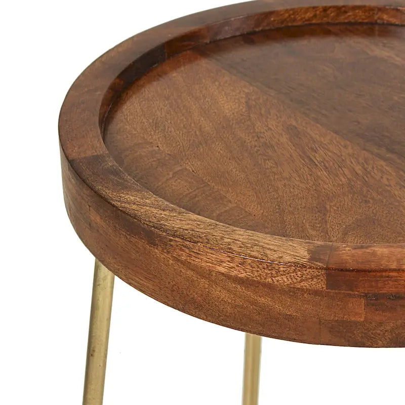 Gold & Natural Wood Round Tray-Top Accent Table, 1-Piece, Small/Large