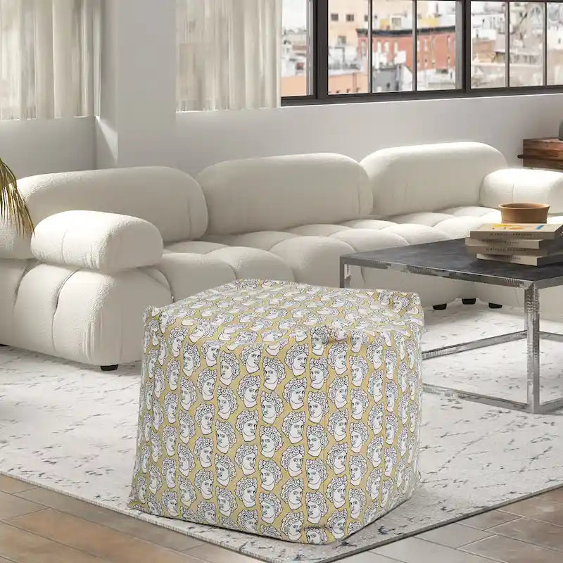 Embroidery Cube Pouf Ottoman, 23", Microbead Fill, Removable Cover, Seats 1