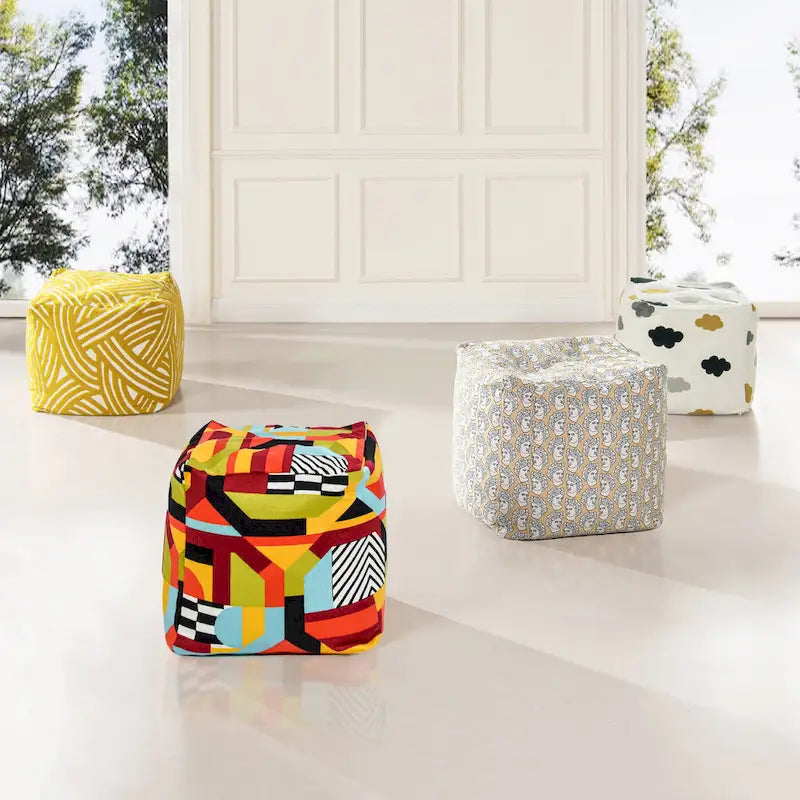 Embroidery Cube Pouf Ottoman, 23", Microbead Fill, Removable Cover, Seats 1
