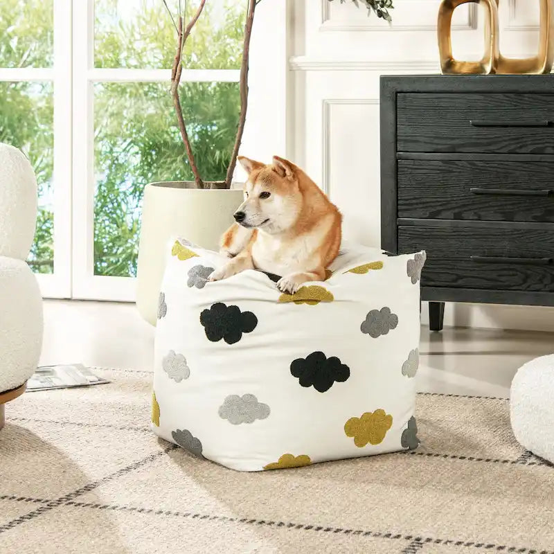Embroidery Cube Pouf Ottoman, 23", Microbead Fill, Removable Cover, Seats 1