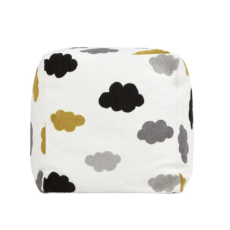 Embroidery Cube Pouf Ottoman, 23", Microbead Fill, Removable Cover, Seats 1