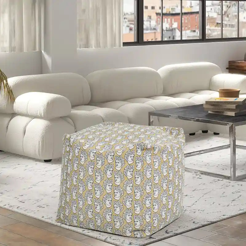 Embroidery Cube Pouf Ottoman, 23", Microbead Fill, Removable Cover, Seats 1