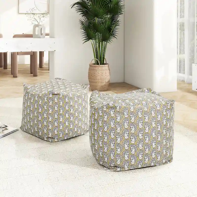 Embroidery Cube Pouf Ottoman, 23", Microbead Fill, Removable Cover, Seats 1