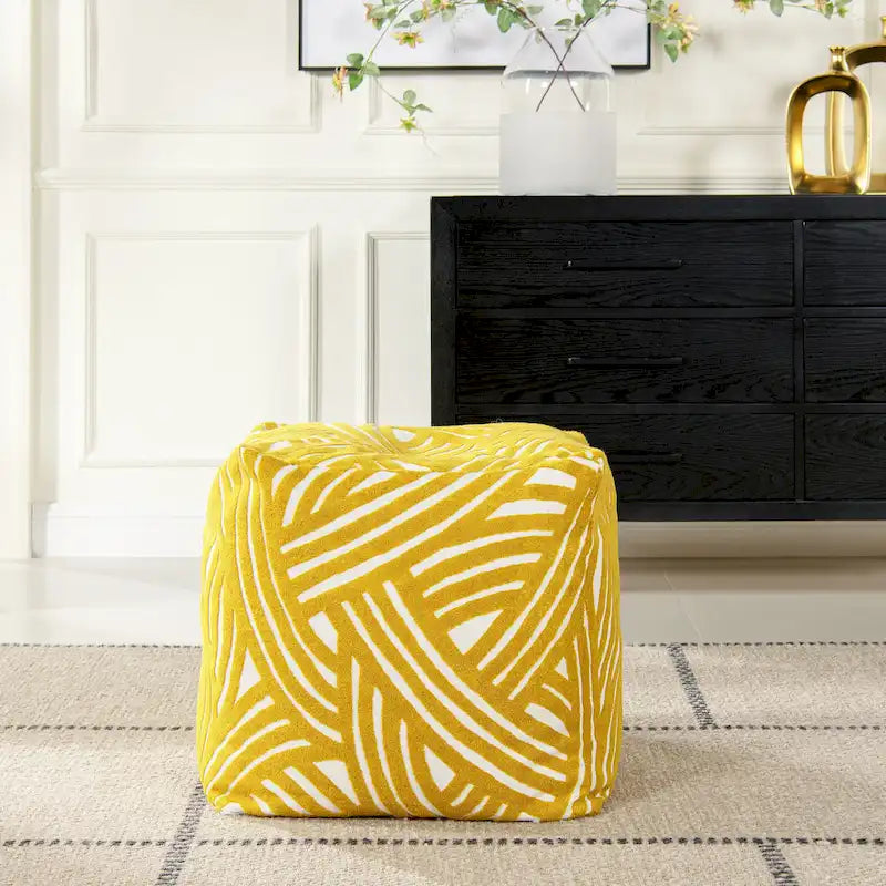 Embroidery Cube Pouf Ottoman, 23", Microbead Fill, Removable Cover, Seats 1