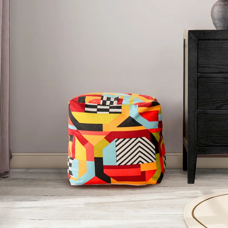 Embroidery Cube Pouf Ottoman, 23", Microbead Fill, Removable Cover, Seats 1