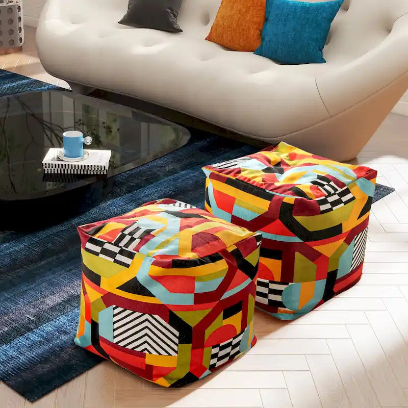 Embroidery Cube Pouf Ottoman, 23", Microbead Fill, Removable Cover, Seats 1