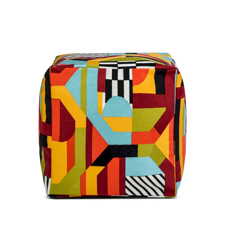 Embroidery Cube Pouf Ottoman, 23", Microbead Fill, Removable Cover, Seats 1