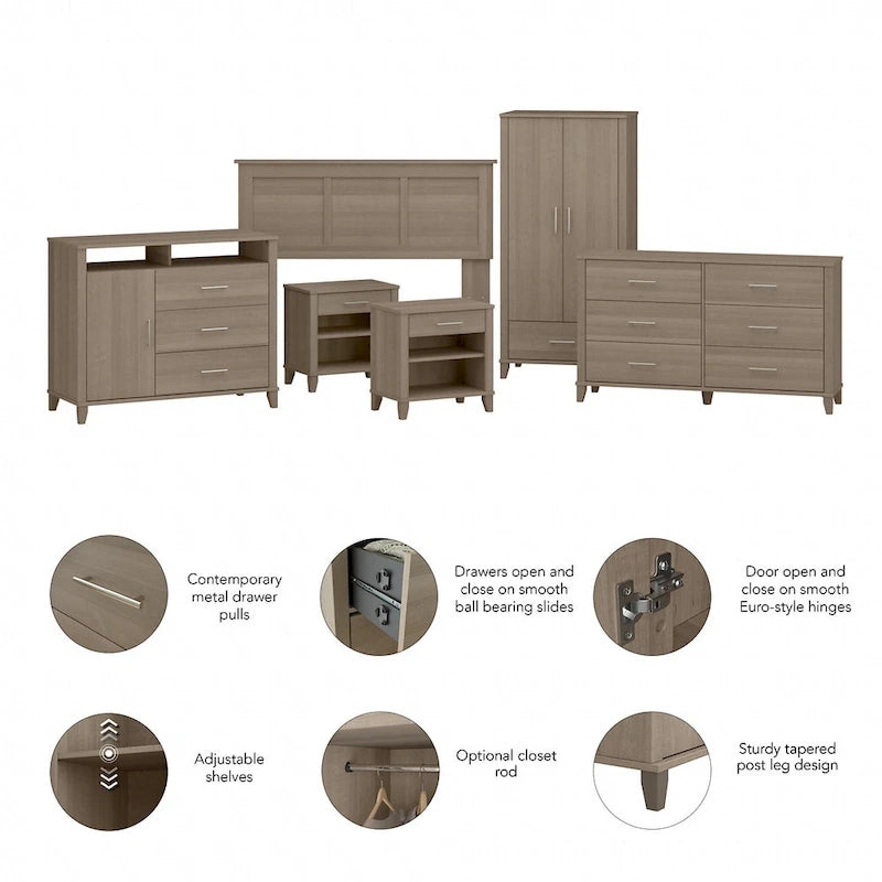 6-Piece Bedroom Set, Full/Queen – Platinum Gray / Ash Gray / Storm Gray / Fresh Walnut