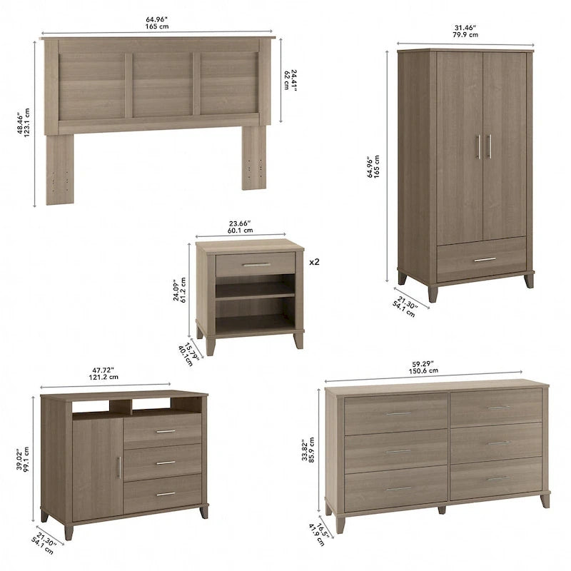 6-Piece Bedroom Set, Full/Queen – Platinum Gray / Ash Gray / Storm Gray / Fresh Walnut