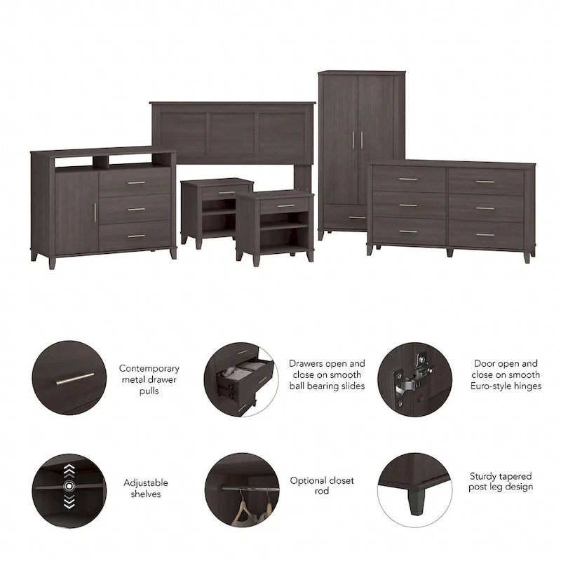 6-Piece Bedroom Set, Full/Queen – Platinum Gray / Ash Gray / Storm Gray / Fresh Walnut