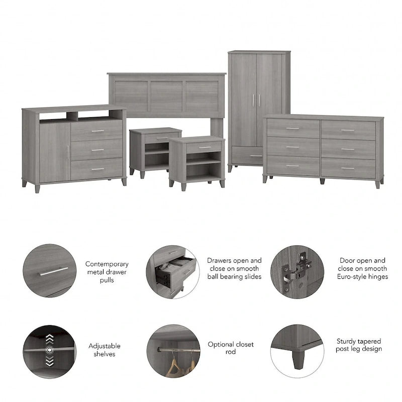 6-Piece Bedroom Set, Full/Queen – Platinum Gray / Ash Gray / Storm Gray / Fresh Walnut