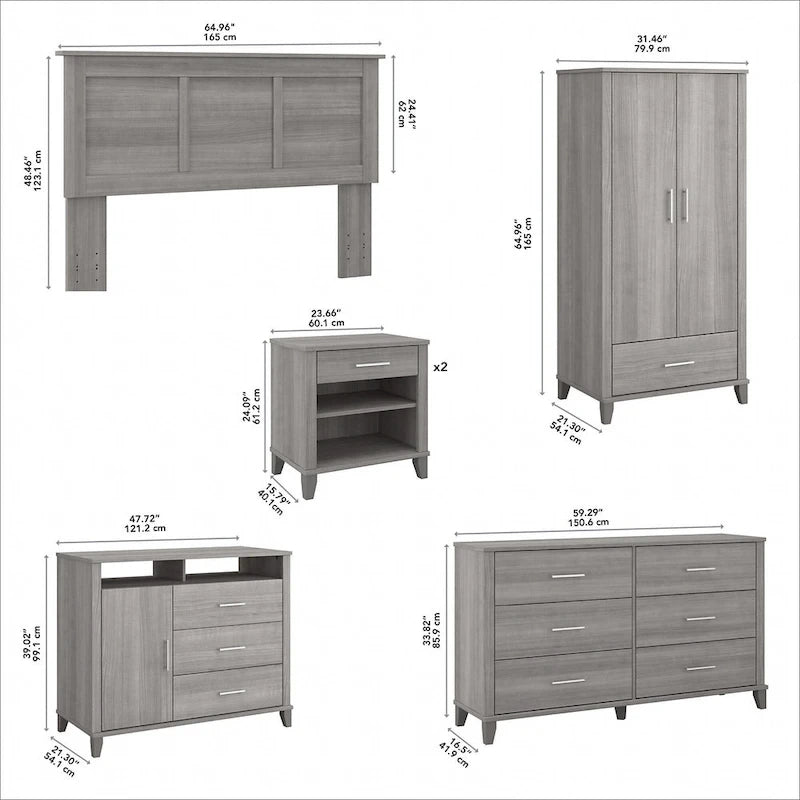 6-Piece Bedroom Set, Full/Queen – Platinum Gray / Ash Gray / Storm Gray / Fresh Walnut