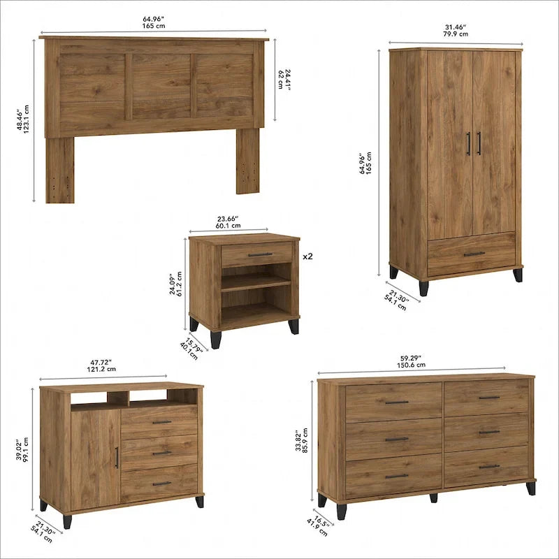 6-Piece Bedroom Set, Full/Queen – Platinum Gray / Ash Gray / Storm Gray / Fresh Walnut
