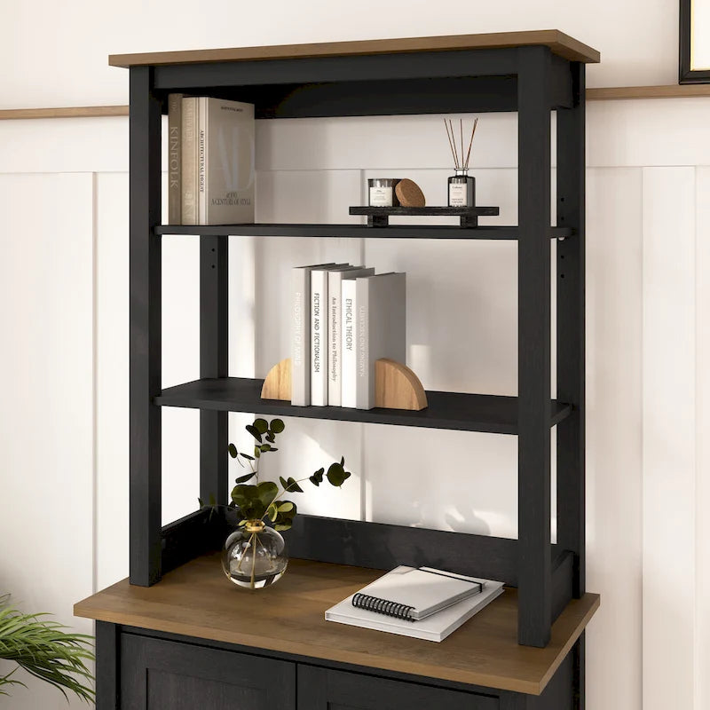 Shiplap Gray / Vintage Black Tall Hutch Organizer – Modern Farmhouse, 2-Shelf Open Storage