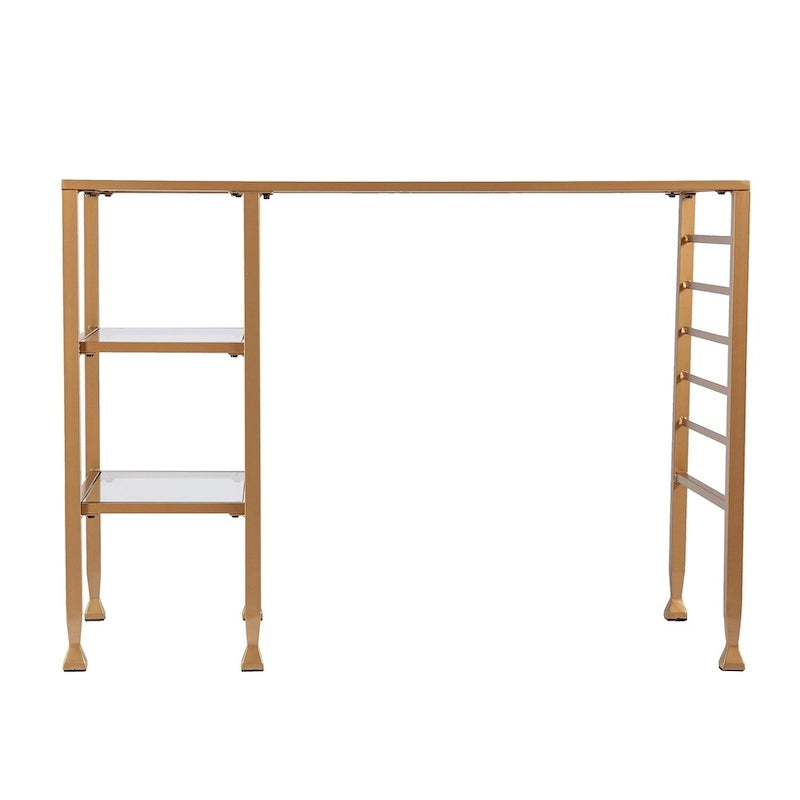Gold Metal & Glass Writing Desk with Shelves, Single
