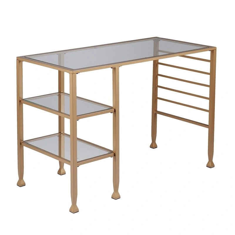 Gold Metal & Glass Writing Desk with Shelves, Single
