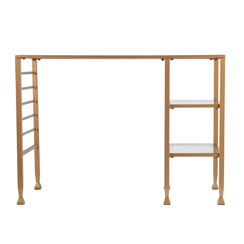 Gold Metal & Glass Writing Desk with Shelves, Single