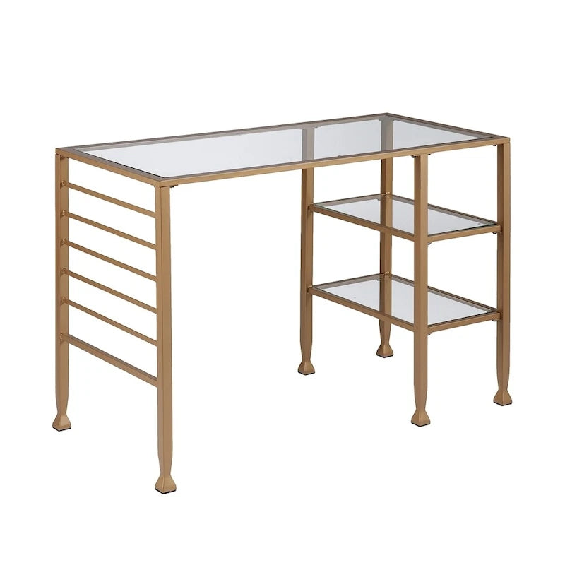 Gold Metal & Glass Writing Desk with Shelves, Single