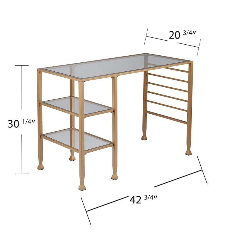 Gold Metal & Glass Writing Desk with Shelves, Single