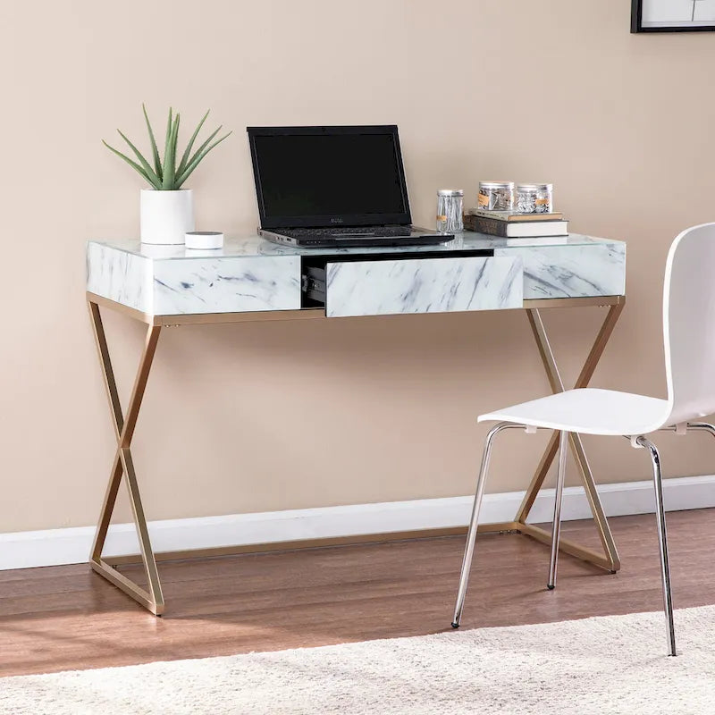 Gold Frame Gray & White Faux Marble Writing Desk, 1-Person