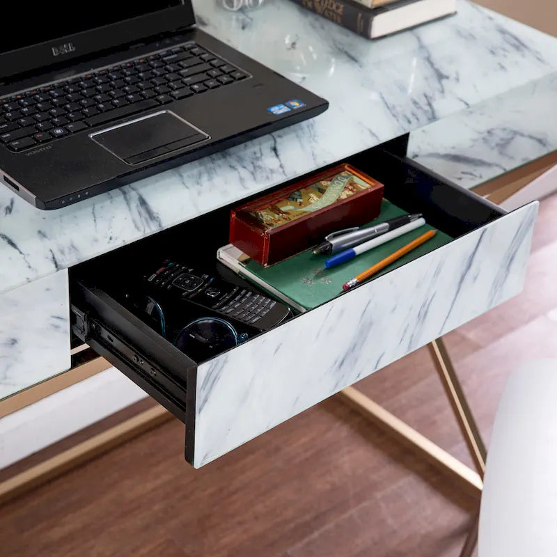 Gold Frame Gray & White Faux Marble Writing Desk, 1-Person
