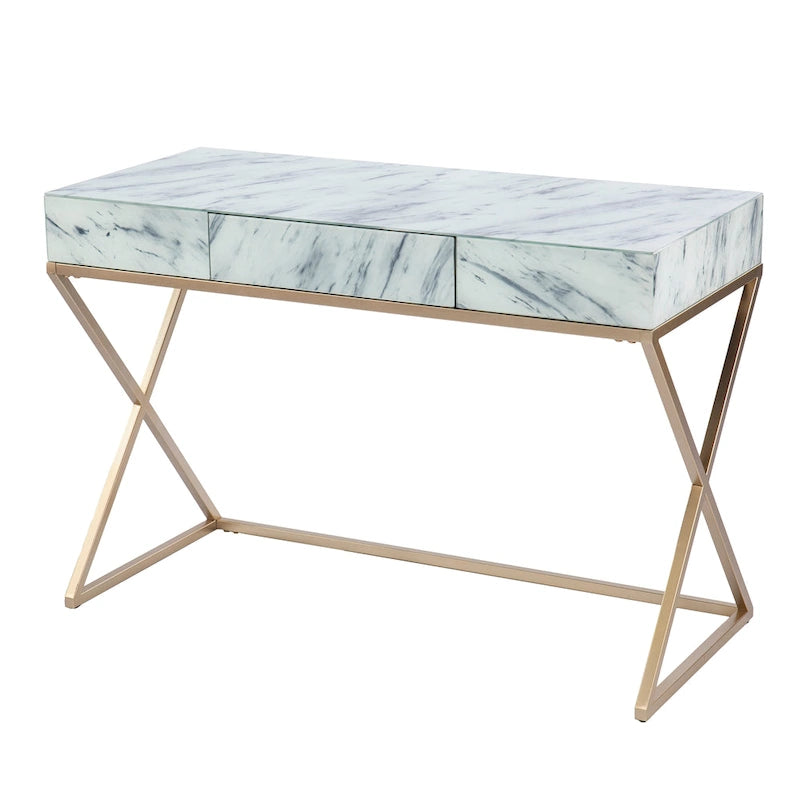 Gold Frame Gray & White Faux Marble Writing Desk, 1-Person