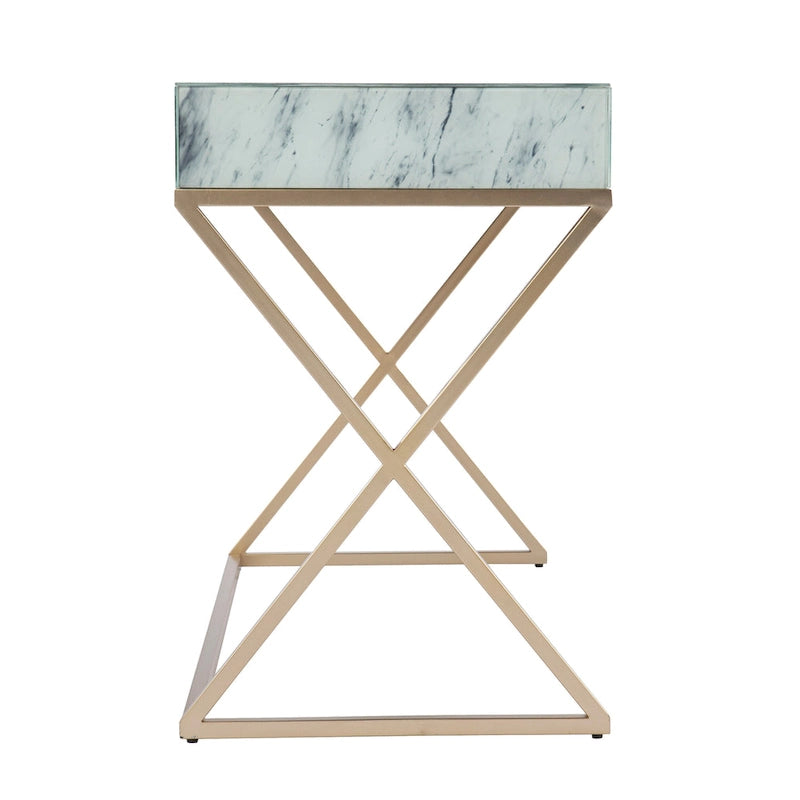 Gold Frame Gray & White Faux Marble Writing Desk, 1-Person