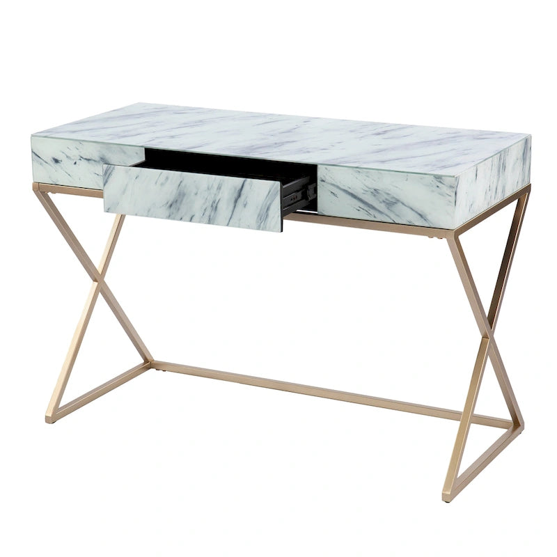 Gold Frame Gray & White Faux Marble Writing Desk, 1-Person