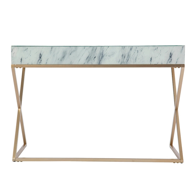 Gold Frame Gray & White Faux Marble Writing Desk, 1-Person