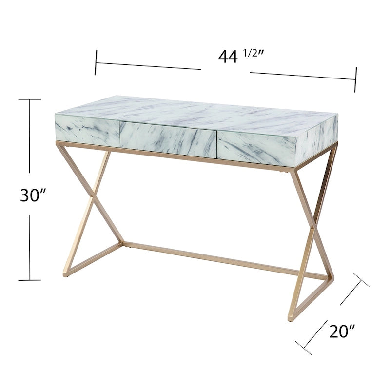 Gold Frame Gray & White Faux Marble Writing Desk, 1-Person