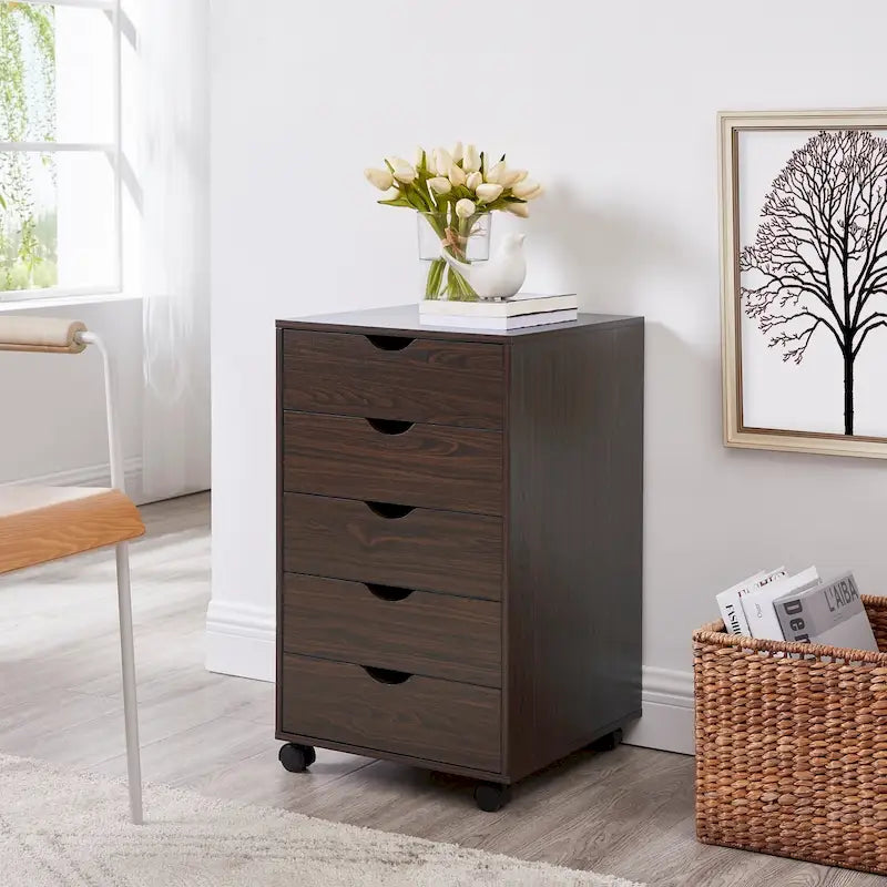 Espresso / White 5-Drawer Wooden File Cabinet with Wheels – 1 Person