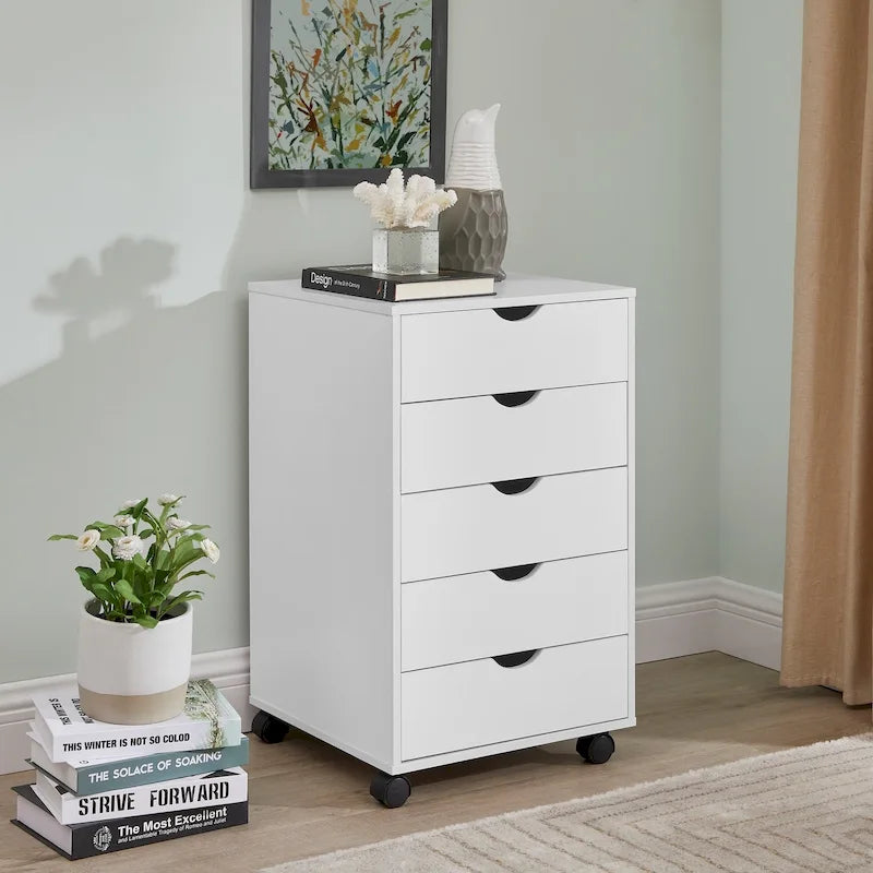 Espresso / White 5-Drawer Wooden File Cabinet with Wheels – 1 Person