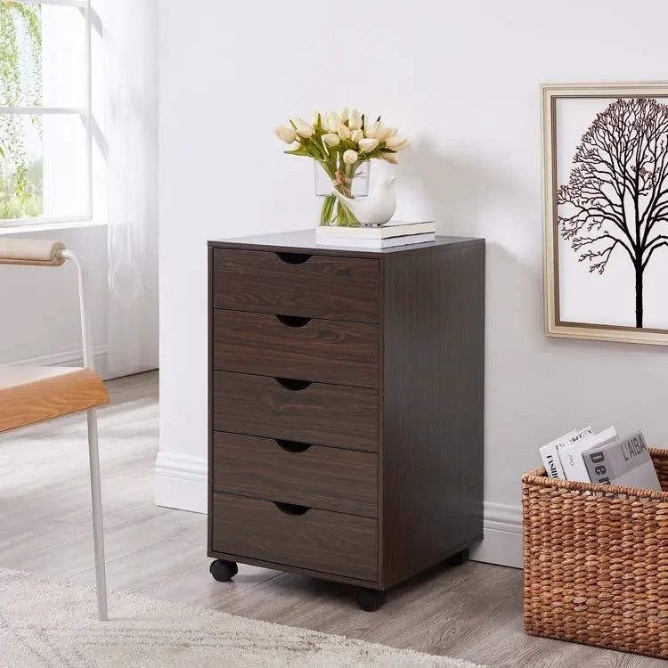 Espresso / White 5-Drawer Wooden File Cabinet with Wheels – 1 Person