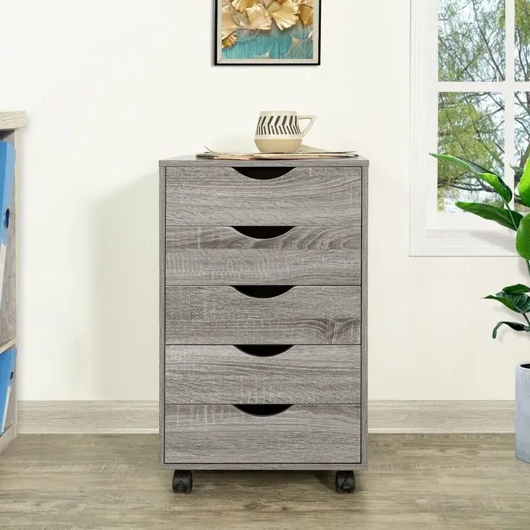 Espresso / White 5-Drawer Wooden File Cabinet with Wheels – 1 Person