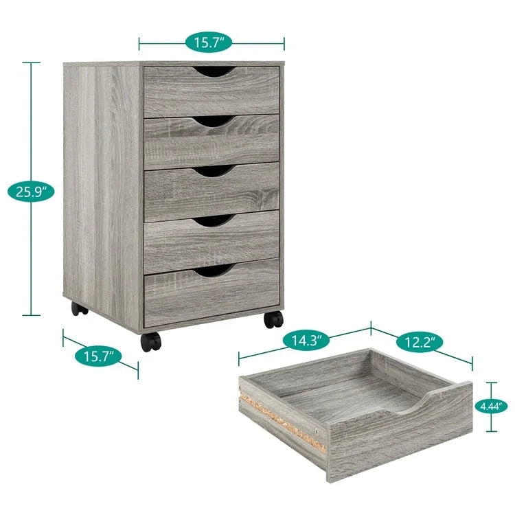 Espresso / White 5-Drawer Wooden File Cabinet with Wheels – 1 Person