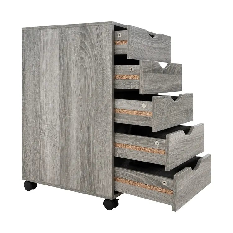 Espresso / White 5-Drawer Wooden File Cabinet with Wheels – 1 Person