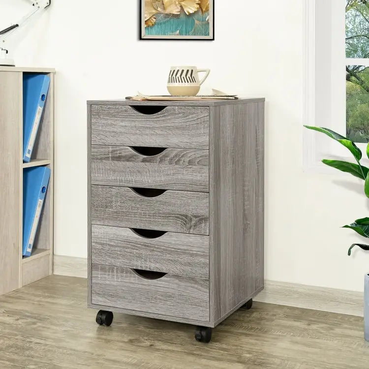 Espresso / White 5-Drawer Wooden File Cabinet with Wheels – 1 Person