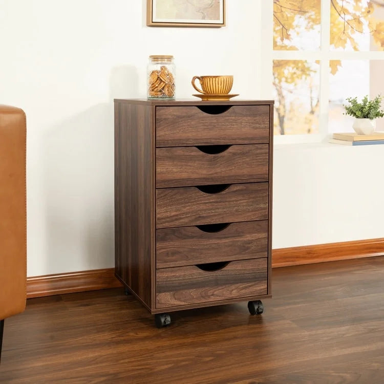 Espresso / White 5-Drawer Wooden File Cabinet with Wheels – 1 Person