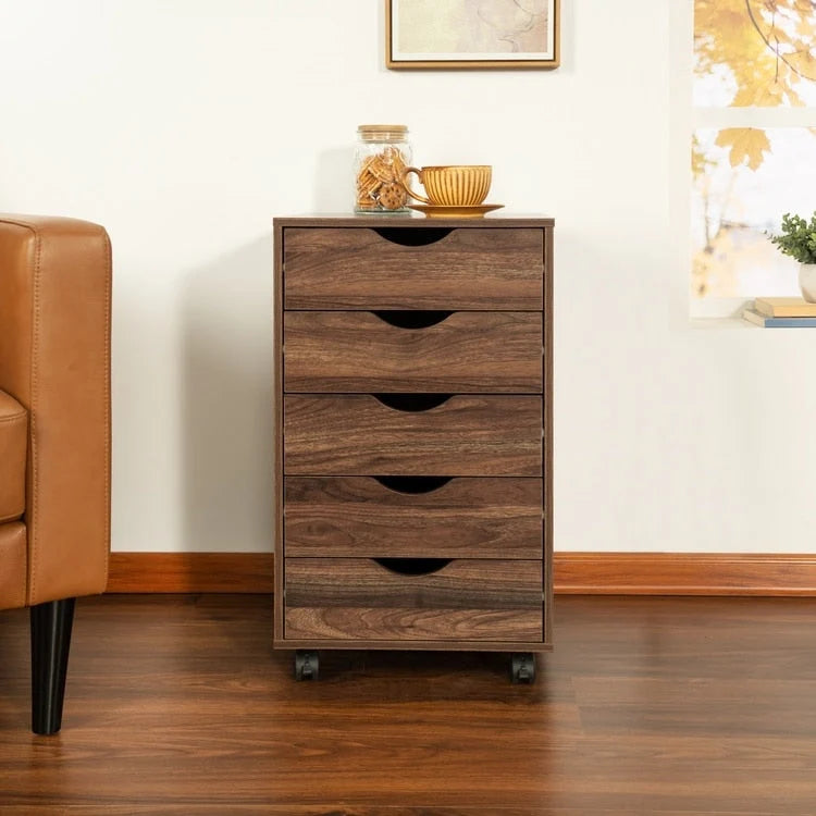 Espresso / White 5-Drawer Wooden File Cabinet with Wheels – 1 Person