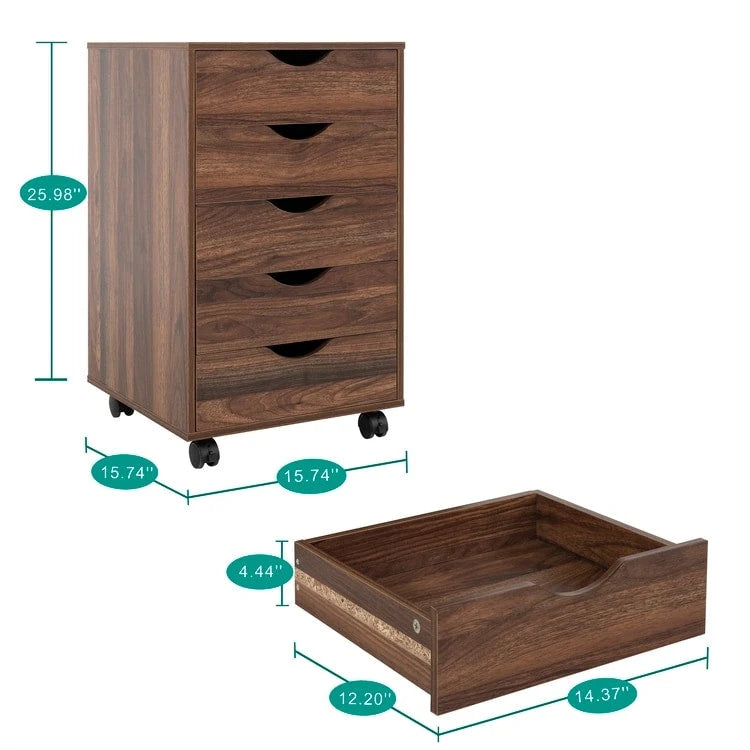 Espresso / White 5-Drawer Wooden File Cabinet with Wheels – 1 Person