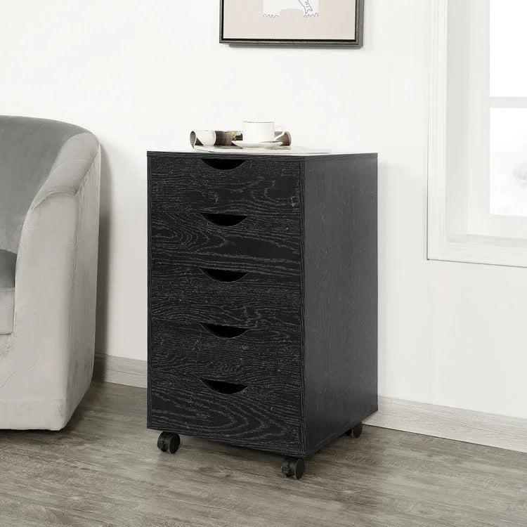 Espresso / White 5-Drawer Wooden File Cabinet with Wheels – 1 Person