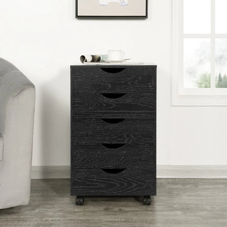 Espresso / White 5-Drawer Wooden File Cabinet with Wheels – 1 Person