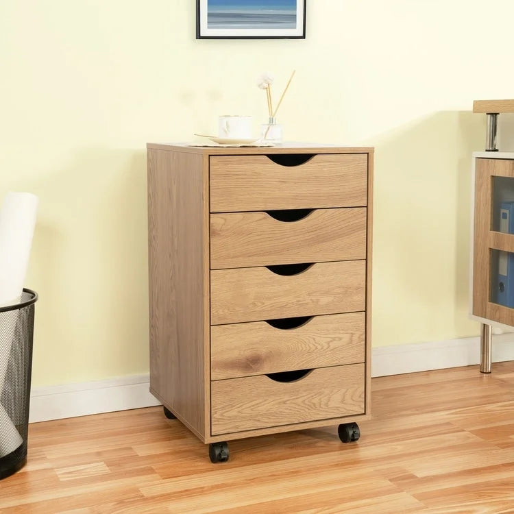 Espresso / White 5-Drawer Wooden File Cabinet with Wheels – 1 Person