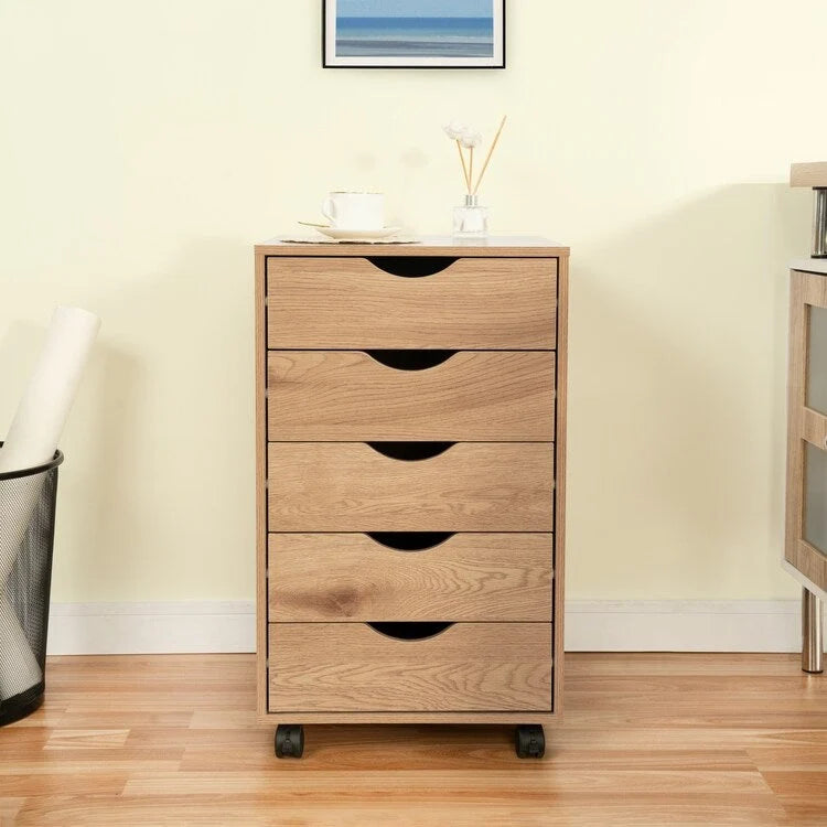Espresso / White 5-Drawer Wooden File Cabinet with Wheels – 1 Person