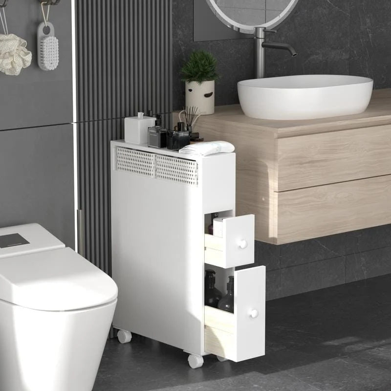 White Painted Slide-Out Floor Cabinet with Drawers, 1-Person Use