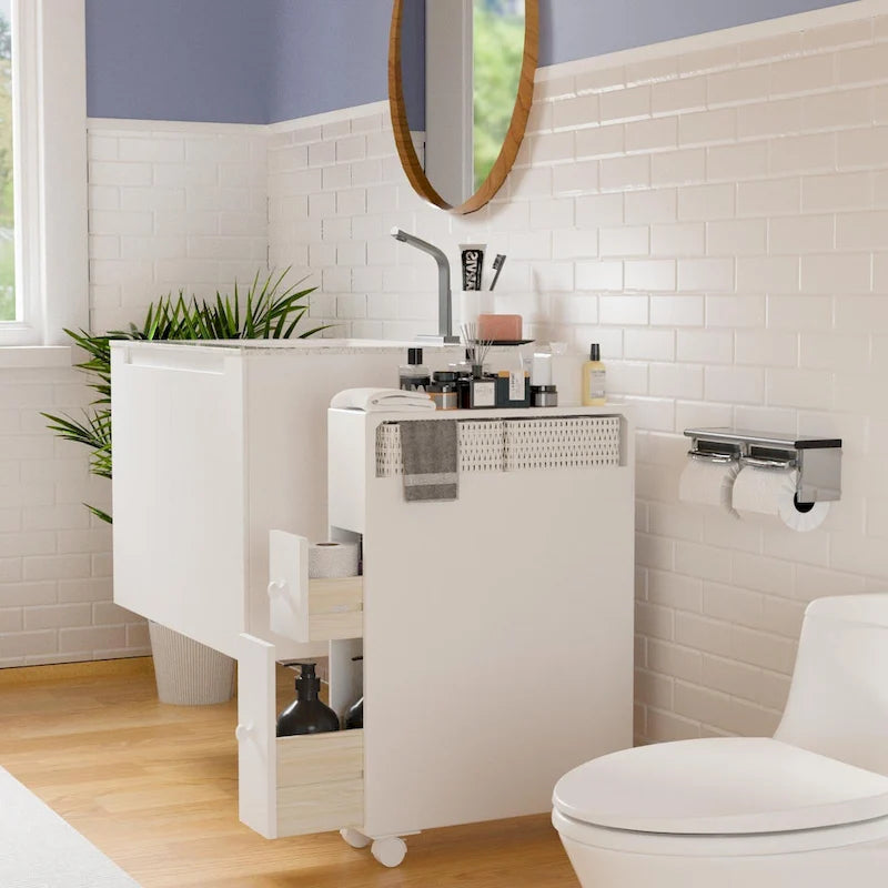 White Painted Slide-Out Floor Cabinet with Drawers, 1-Person Use