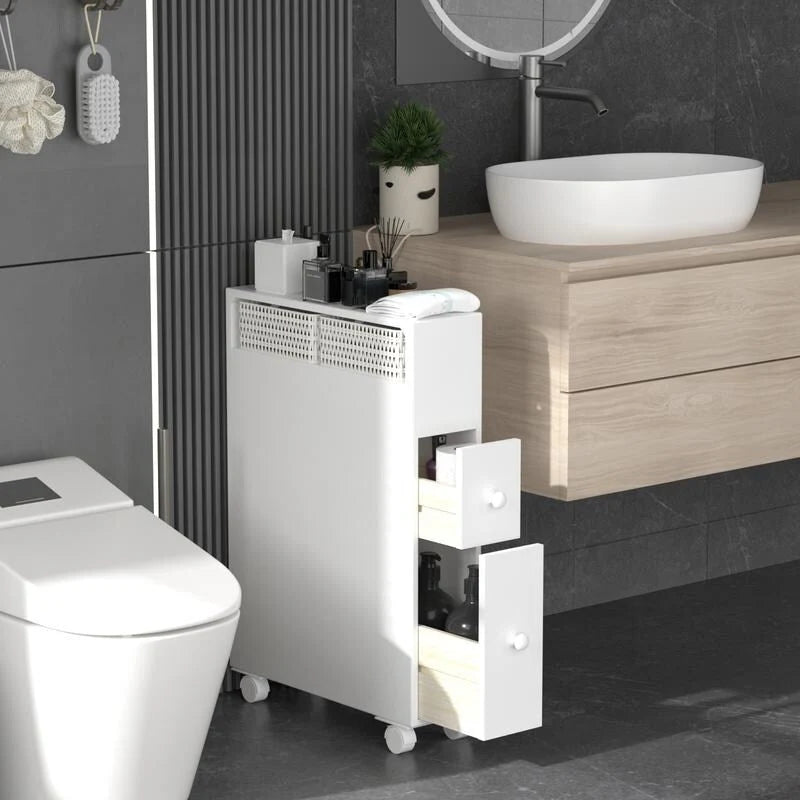 White Painted Slide-Out Floor Cabinet with Drawers, 1-Person Use